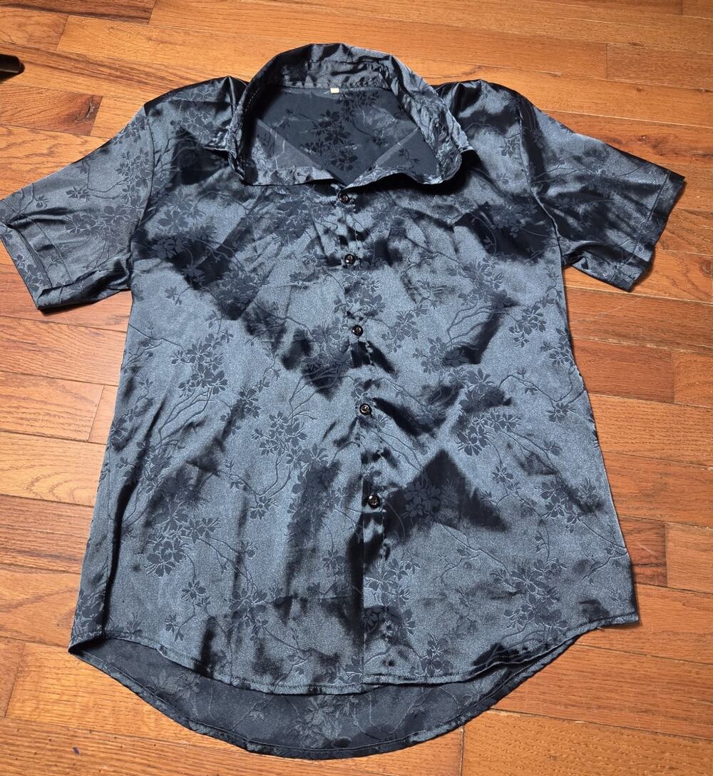 Dark Green Satin Floral Jacquard Button Up Shirt Short Sleeve Goth Y2K